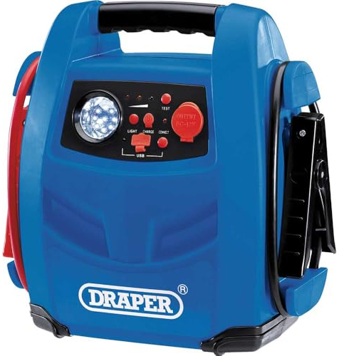 Draper 70553 12V Power Pack Jump Starter, Vehicle Rescue, Built in 12v Compressor, 800A Starts Petrol and Diesel , Blue