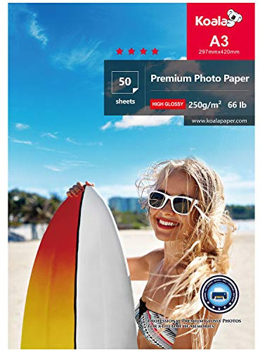 Koala Fotopapier für Canon HP Epson Tintenstrahldrucker, glänzend, A3, 297 x 420 mm, 250 g/m², 50 Blatt