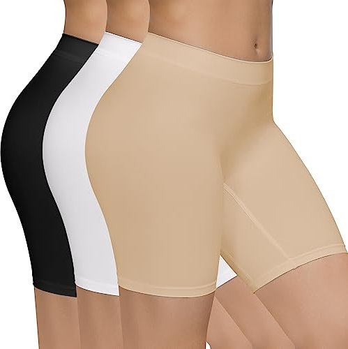 SIMIYA 3 Pack Anti Chafing Shorts Women Seamless Slip Shorts for Women Long Briefs Underwear Boyshorts Stretchy Safety Panty for Under Dresses Yoga Thigh Slimmers (Black+White+Nude,XL)