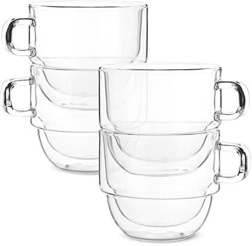 BTaT- Double Walled Stackable Glass Coffee Mugs, 16 oz, Set of 4, Glass Coffee Cups with Handle, Insulated Clear Coffee Mug for Hot and Cold Beverages, Cappuccino, Latte, Tea, Americano