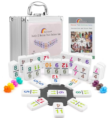 Kalolary Doppi 12 Gioco Domino del Treno Messicano, 91 Tessere Numero Giochi Domino Custodia Alluminio con 9 Libretto Istruzioni Treni Segnapunti Mozzo Forma Ottagonale Gioco Tavolo (Stile Numerico)