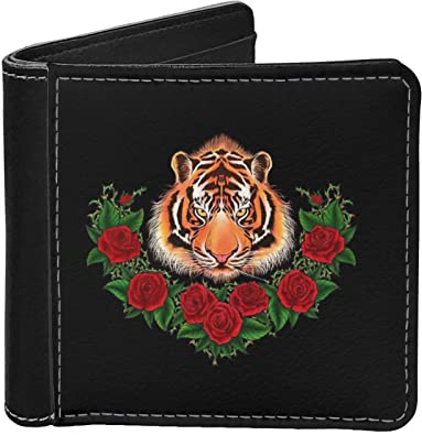 SCRAWLGOD Hästplånböcker för män med sedelklämma PU-läder RFID-blockerande korthållare smal dubbelvikt organisatör, Tiger och rosor, Avslappnad