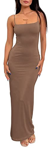 LILLUSORY Womens Bodycon Maxi Long Dresses 2026 Beach Vacation Clothes Spring Fashion Summer Casual Elegant Sundress Sun Resort Wear Midi Cocktail Wedding Guest Sexy Party Outfits Brown S