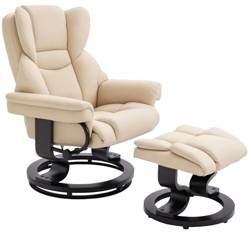HOMCOM poltrona reclinabile con sgabello, poltrona TV girevole, poltrona TV con funzione reclinabile, poltrona reclinabile per soggiorno, camera da letto, similpelle, crema