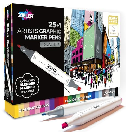 Zieler - 25 + 1 Artists Graphic Marker Dual Tip Pens | Vibrant Colours | Easy to Blend & Layer | Low Odour – Includes Blender Pen