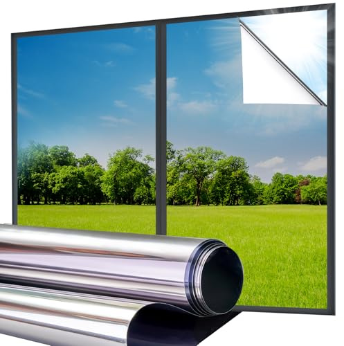 Lifetree Reflective One Way Window Film Privacy: Mirror Heat Control Sun Blocker Window Tint Film, UV Protection Anti Glare, No Glue Clear Daytime Privacy for Home Office (Silver, 75 * 200cm)