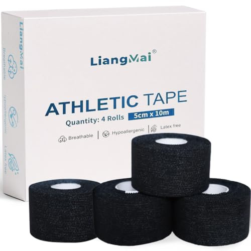 LiangMai 4 rollos Cinta Adhesiva Deportiva 5 cm x 10 m, Tape Vendaje Deportivo Negro, Esparadrapo Deportivo con fuerza adhesiva extra fuerte, no irrita la piel, cinta deportiva rasgable