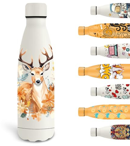 Grsta Gourde Isotherme, 500ml Gourde Enfant, Gourde Personnalisée avec Cerf, Gourde Sport Sans BPA, Facile à Transporter, Bouteille d'eau anti Fuite, pour l'École, Bureau, Voyage, Sports, Blanc