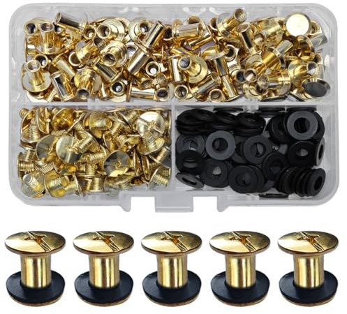SHSMPXOY 80 uppsättningar Chicago bokskruvar rostfritt stål M5 x 8 mm Chicago-skruvar bokbindningsskruvar skruvnitar för läder, väskor, böcker, halsband, ryggsäckar, hundkoppel (guld)