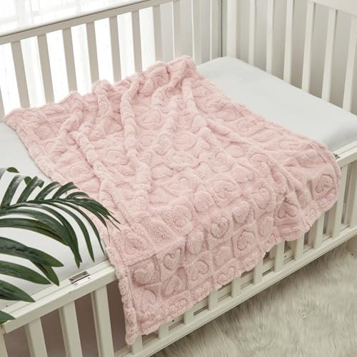 CREVENT 75cmX100cm Cozy Soft Warm Sherpa Baby Blanket for Girls Boys, Newborn Essentials for Infant, Baby Shower Receiving Gift - Pink Heart