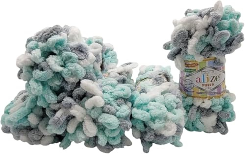 5 x 100 Gramm Strickwolle Ilkadim Export Puffy Color, 500 Gramm Fingerstrick - Wolle mehrfarbig super bulky, Schlaufenwolle, Stricken ohne Nadel (mint grau weiß 6408)