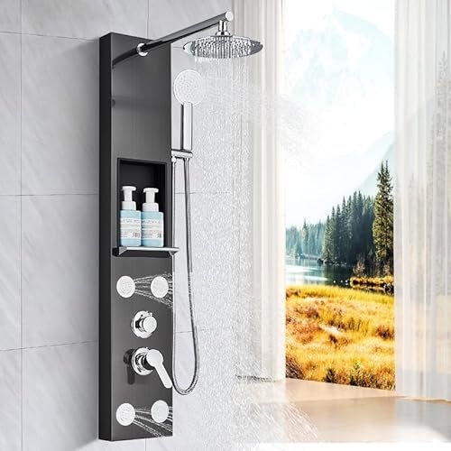TTICCTIY Badezimmer Duschpaneel Säule Turm Edelstahl Wandmontage Hydraulische Hydromassage Dusche Regendusche Duschturm Panel Schwarz