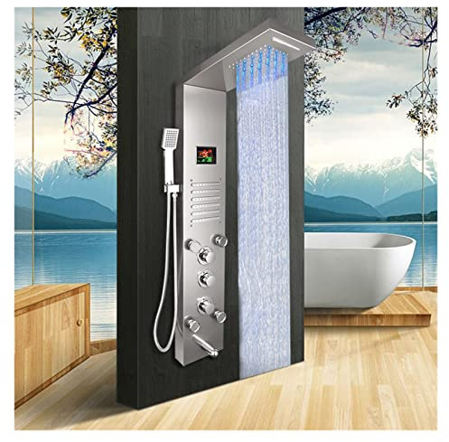 XCHSXYL Miscelatore Doccia Pannello Doccia LED Cascata Pioggia Display Digitale Rubinetto Doccia Set Spa Massaggio Getto Colonna Bagno Miscelatore Rubinetto Torre (Stile 02 con LED)