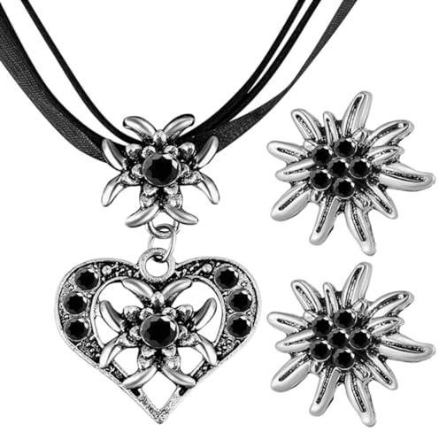 SUMMITDRAGON Ensemble de boucles d'oreilles et colliers tendance pour femme avec pendentif en forme de cœur en cristal edelweiss chaîne de clavicule pour mariage Dirndl bavarois