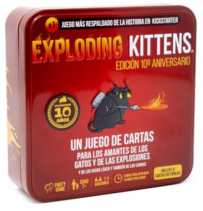Exploding Kittens Asmodee Edición Caja Metálica 10º Aniversario, Incluye 8 Cartas Extra, Juego para niños y Adultos a Partir de 7 años,No Hagas explotar los Gatitos, 2 a 5 Jugadores, 15 min, Español