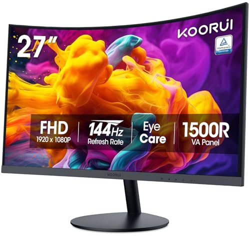 KOORUI 27 Inch Curved Monitor FHD 1080P 144Hz Gaming Office Computer Monitors, 1500R PC Screen with HDMI VGA, Eye Care TÜV Rheinland Certified, Tilt Adjustable, Black.
