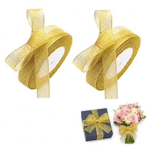 2 Piezas Cinta Regalo Color Oro Metalizada, Cinta de satén para Envolver Regalos 20 mm Ancho 22 Metros Total Cinta Dorada Transparente de poliéster para decoración Manualidades Lazos y Celebraciones