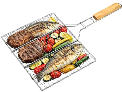Griglia per barbecue in acciaio inox con manico in legno, griglia doppia per carne, hamburger, pesce e verdure, cestello grill antiaderente 40 x 40 cm