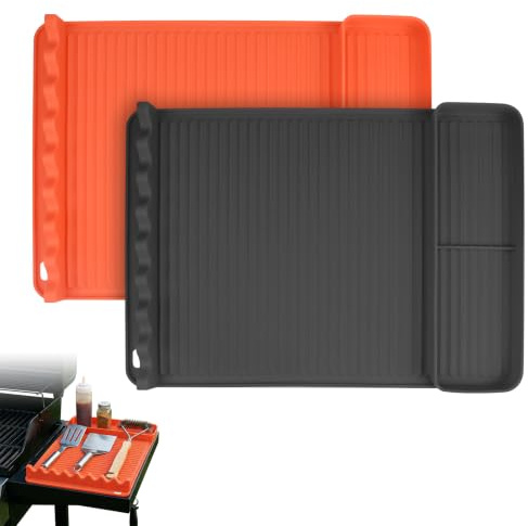 Silicone Griddle Tools Mat - 2 Pack Reusable Grill Side Shelf Mat for Barbecue Tools, Large Silicone Spatula Holder Mat for Heat Resistant Countertop Organizer, 40.5 x 29.2 cm, Orange and Black