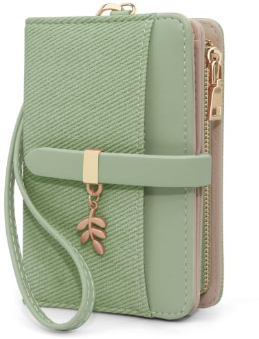 YERUUE Cartera de Mujer en PU Resistente al Desgaste Monedero Mujer con Bloqueo RFID Formato Corto con 10 Ranuras para Tarjetas, Monederos con Cremallera y Muñequera Desmontable (Verde)