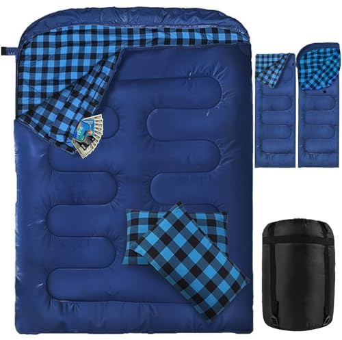 Doppelschlafsack Flanell, 2 Personen Schlafsack Outdoor 220 x 160 cm, mit 2 Kissen und Tragetasche, Verbesserter Doppel Zippern, Erwachsene Schlafsack für Familie, Camping, Reisen(Blau)