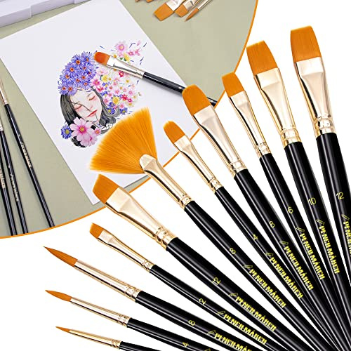 Pencilmarch Pinselset - 11er Pack - Verschiedene Formen und Größen - Acrylmalpinsel Aquarell, Gesichtsmalerei, Modelle - Geeignet für Kinder, Freizeitmaler und professionelle Künstler