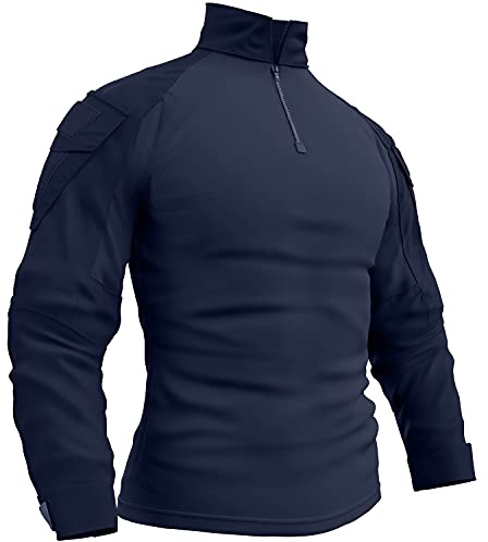 Memoryee Uomo Tattica Militare Camicia Maniche Lunghe Combattimento T-Shirt Camo Slim Fit con Cerniera Tasche 1/4/Navy/M