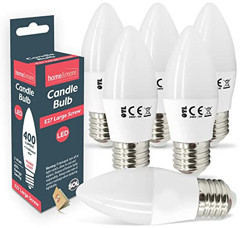 SOL 6pk Candle Bulb E27 Large Screws - 5W Energy Saving LED Bulbs for Home, Office & Commercial Use - 400 Lumen Warm White Screw-in Light Bulbs