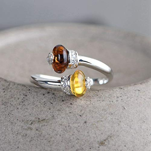 KHJH Bijoux Bague,Vintage Dames Réglables en Argent Sterling 925 Anneaux Jaune Brun Double Perles Rondes Ambrées Motif Sculpté Anneau De Jointure Antique pour Hommes Éternité Mariage Cadeau De Bijou