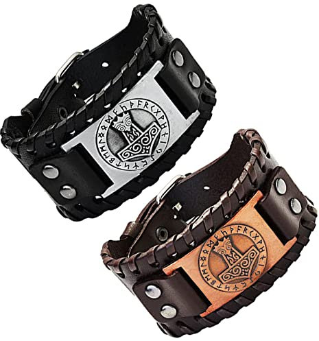 Lushly Aatpuss 2 Stück Wikinger Armbänder, Wikinger Armband Herren, Wikinge Lederarmband Herren, Wikingr Talisman Armband Für Freund Ehemann Papa Geschenk (Schwarz, Braun)