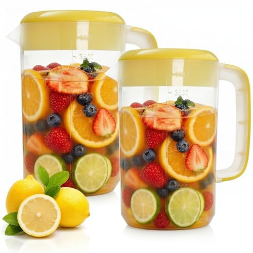 Jucoan 2 Pack 1 Gallon Plastic Water Pitcher with Lid, Large Gallon Water Jug, Juice and Iced Tea Beverage Carafe with Filter Lid, Handle, Scale for Fridge, Party