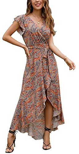 GRECERELLE Womens Summer Maxi Dress Boho Floral Cocktail Polka Dot Wrap Dresses V Neck Casual Party Bohemian Flowy Long Dress for Ladies (Cashew Navyblue, XL)