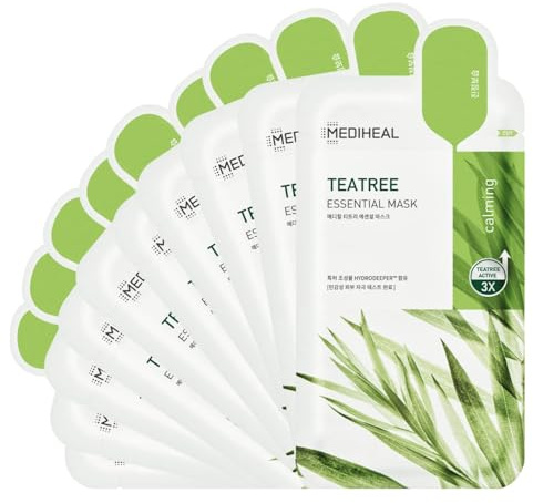 Mediheal Best Korean Sheet Mask - Tea Tree Essential Face Mask 10 Sheets For All Skin Types Korean Best Sheet Mask Soothing Calming