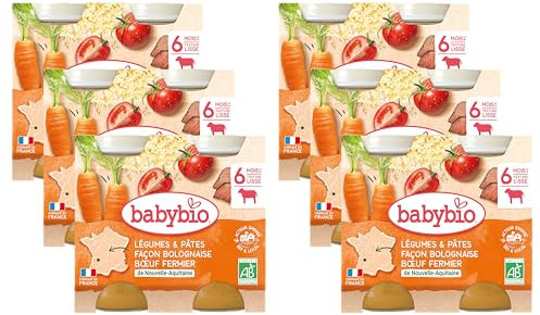 Babybio - Petits Pots - Légumes & Pâtes façon bolognaise Bœuf - 6+ mois - BIO - 2 x 200g - Lot de 6
