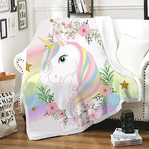 Kuscheldecke Kinder Einhorn Decken 130×150cm Mädchen Fleecedecke Flanell Fleece Flauschig Plüsch Rosa Kinderdecke Sofadecke Sofaüberwurf Kinderzimmer Geschenke, Einhorn 01