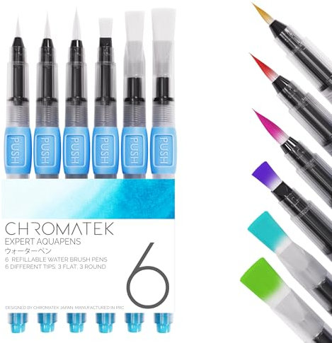aquapens Wasserpinselstifte zum Malen – 6 Stück – Wasserzeichen-Pinselstifte mit 6 verschiedenen Spitzen – tragbare Aquarell-Pinselstifte für Künstler – Wasserpinselstifte für Kinder und Erwachsene