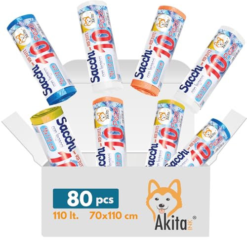 80 Sacchi spazzatura 70x110cm, 110 Litri, per Raccolta Differenziata AkitaINK - Sacchi Alta Resistenza - Blu, Giallo, Arancione, Trasparente