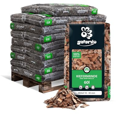 GALAMIO Kiefernrinde Kiefernmulch Rindenmulch Rinde Mulch Garten Dekor Pinus Sylvestris Natur Wald Kiefer Mittel 10-40mm 60l x 26 Sack 1.560l / 1 Palette