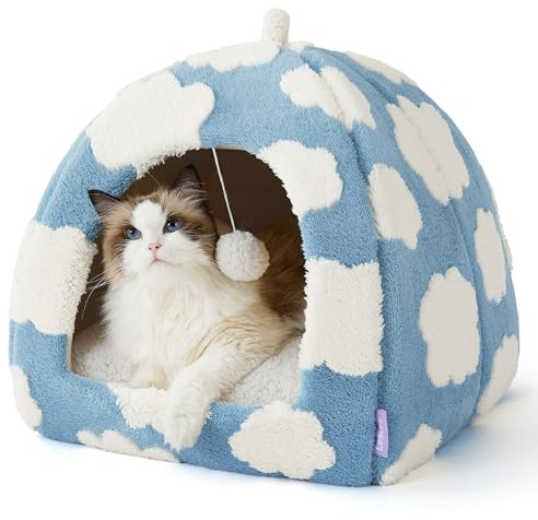 Lesure Cute Cat Beds for Indoor Cats - 2 in 1 Large Cat Cave Bed for Puppy and Small Dog with Removable Washable Cushioned Pillow, Cozy Kitten Tent with Non-Slip Bottom, Blue, 17.3 inches
