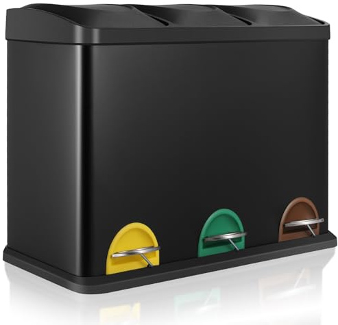 LIFERUN 45L Kitchen Recyling Bin, 3 x 15L Waste Rubbish Bin, 3 Compartment Separation for Recycling and Waste, Stainless Steel Pedal Bin with Lids, Removable Inner Buckets, Pedals, Fingerprint-Proof