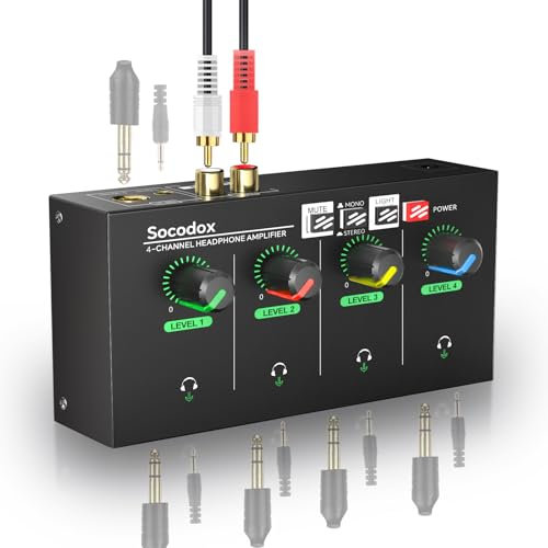 socodox Amplificador de auriculares de 4 canales de 3,5 mm/6,35 mm/conectores RCA, mezclador compacto de metal con 8 puertos de salida de auriculares, interruptor estéreo, función de silencio, luz