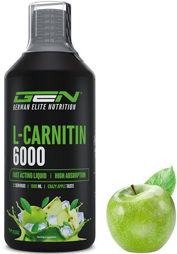 L-Carnitina 6000 Liquido - 1000 ml - Dosaggio extra elevato con 6000 mg di L-carnitina pura per dose giornaliera - Bevanda aminoacida per l'allenamento - Gusto delizioso (Crazy Apple) - Vegano