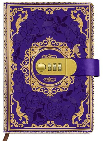 Qefuna dagbok med lås, A5 PU-läder med präglad foliestämplad retroblommig dagbok med kombination 200 sidor, 100 gsm papper, vintage läsjournaldagbok för vuxna (lila)