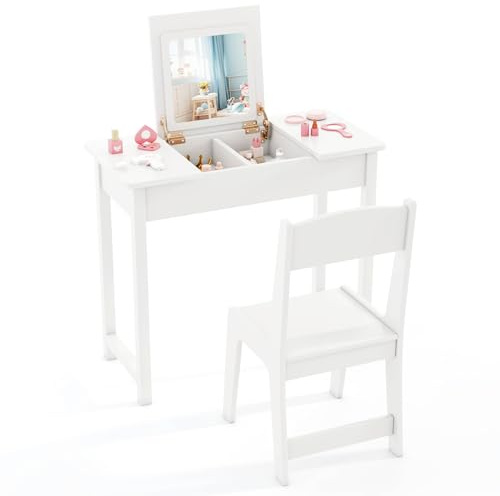 COSTWAY Kids Vanity Set, 2 in 1 Dressing Table with Flip Top Mirror, Hidden Storage Space, Wooden Toddler Makeup Pretend Dresser Table and Chair Set (White)