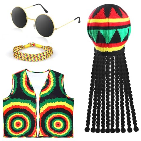 Oerphh 4 Stück Rasta Kostüm Set – Dreadlocks Hut,Hippie Brille,Jamaikanische Weste,Armband – Reggae Hippie Zubehör für Erwachsene,Cosplay,Karneval,Halloween,Party