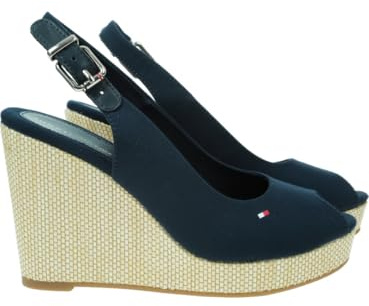 Tommy Hilfiger Sandali con Zeppa da Donna Marchio, Modello Iconic Elena Sling Back Wedge FW0FW04789, Realizzato in Cotone. Blu Scuro Blu 39