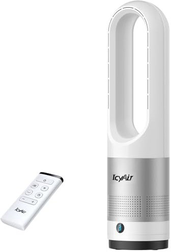 IcyAir Turmventilator mit Fernbedienung, Ventilator Rotorlos 35 dB, 90° Oszillation, 8 Geschwindigkeiten, 9H Zeitschaltuhr, Kindersicher, LED-Anzeige, Ventilator Schlafzimmer Leise, Leicht zu reinigen