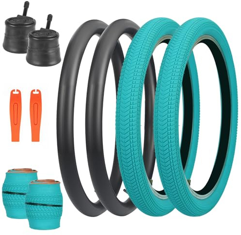 BALINGE 20 x 2.125 Bike tire with Tube 2 Pack 20 Bike tire Kids Bike Folding Replacement Tires Fits Most Kids Bikes,BMX Tires 20 inch,Sky Blue/2 Tires 2 Tubes 2 Levers, 20 Inch