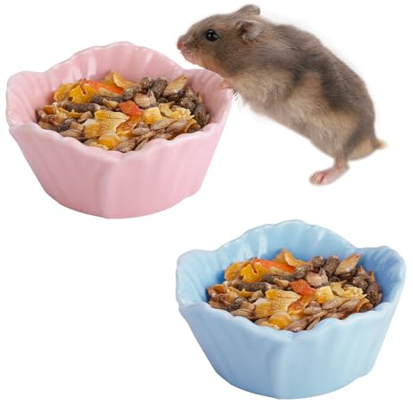 VanEnjoy 2 Pack Ceramic Guinea Pig Food Bowl Cute Flower Hamster Cage Accessories for Chinchilla Hedgehog Pink and Blue Small Animal Water Dish