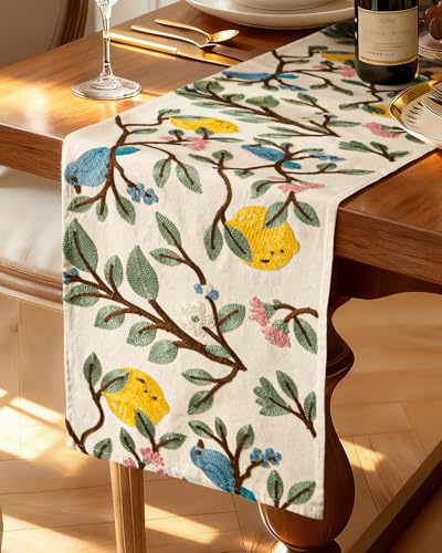 Kokaaee Canvas Embroidered Table Runner - 13x72 Inch Spring Runner for Table Decor Boho Farmhouse Retro Kitchen Dining for Home Party Living Room Decor, Bird Lemon